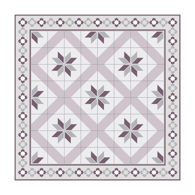 Tappeti grigi Piastrelle geometriche fiore rombo lilla con bordo