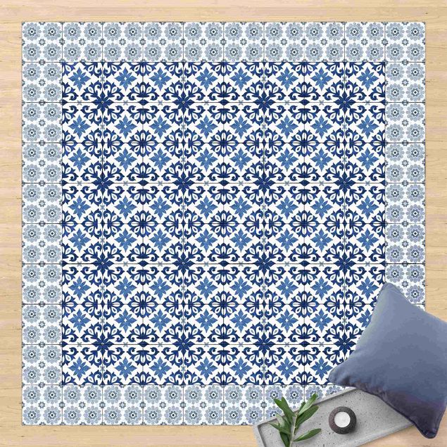 Tappeto per balcone Piastrelle marocchine Impronta floreale con cornice di piastrelle