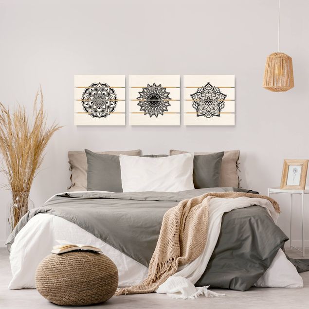 Quadro in legno effetto pallet - Mandala Fiore Sun Set di illustrazione Bianco e nero - Quadrato 1:1