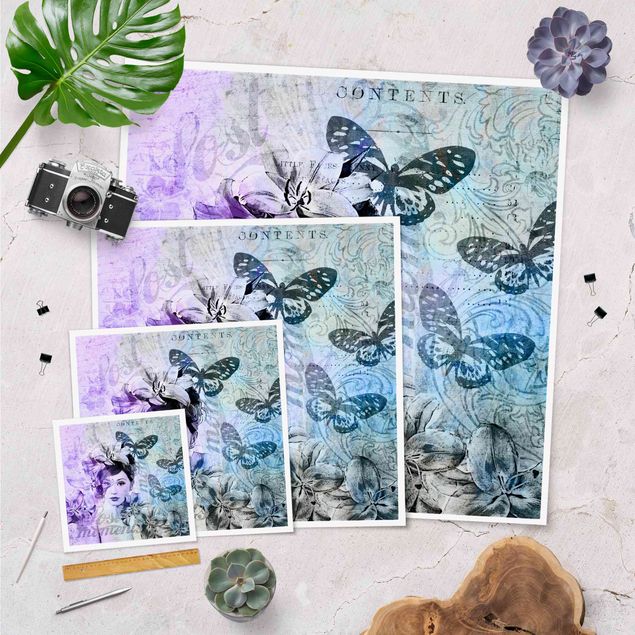 Poster - Shabby Chic Collage - Ritratto Con Le Farfalle - Quadrato 1:1