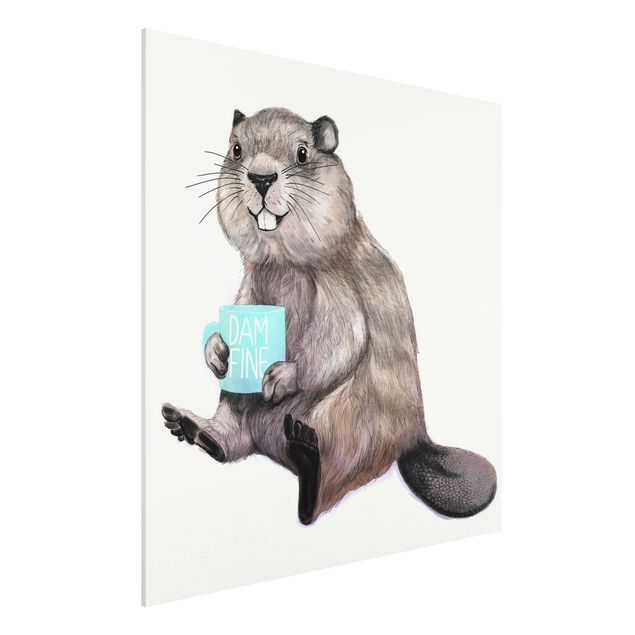 Stampa su Forex - Illustrazione Beaver con tazza di caffè - Quadrato 1:1