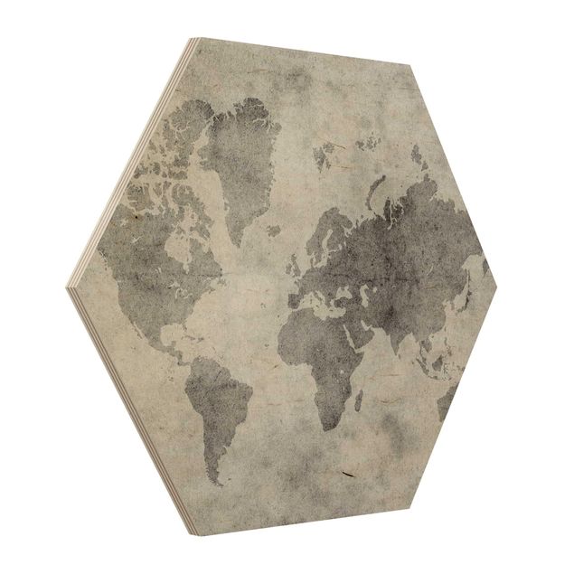 Esagono in legno - Vintage Mappa del mondo II