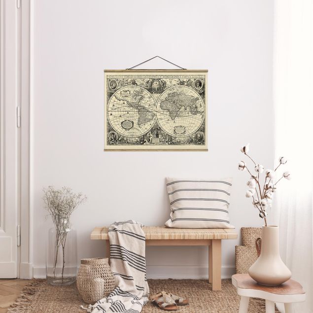 Foto su tessuto da parete con bastone - Illustrazione Vintage Mappa del mondo antico - Orizzontale 3:4