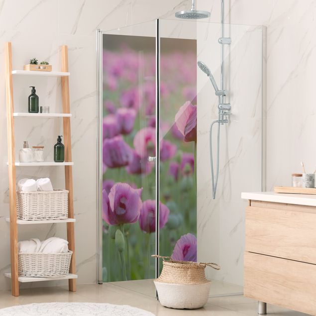 Rivestimenti per doccia alluminio dibond Prato di papaveri viola in primavera