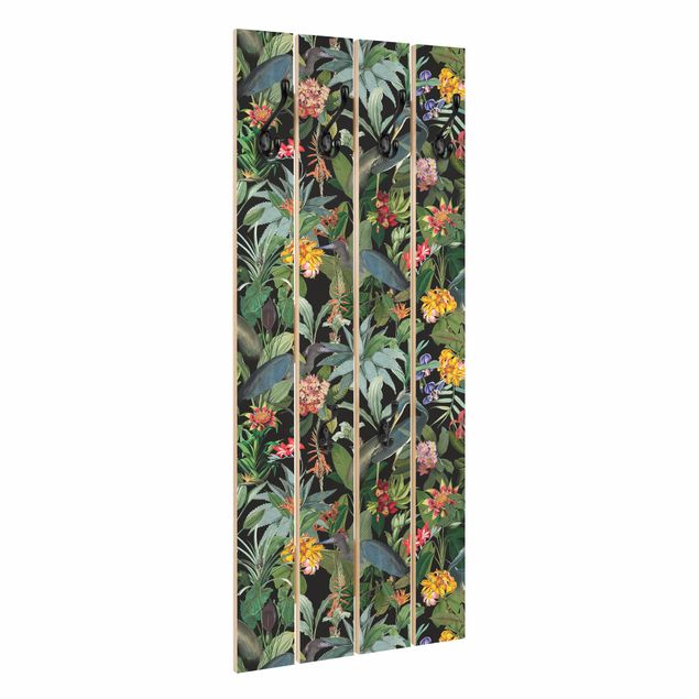 Appendiabiti in legno - Uccelli con fiori tropicali - Ganci cromati - Verticale