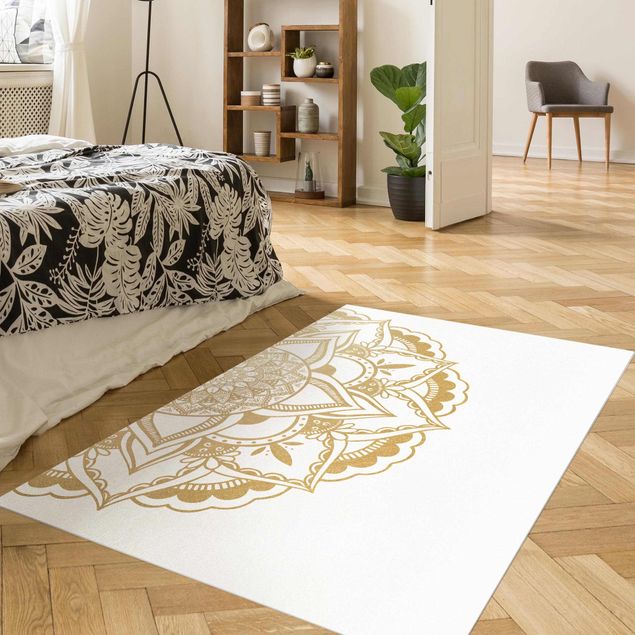 Tappeti moderni soggiorno Mandala Fiore Semicerchio Oro Bianco
