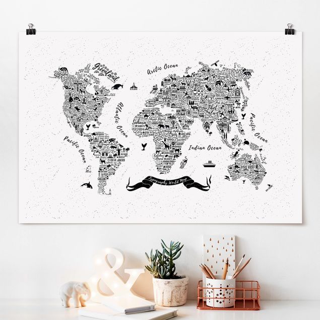 Quadri animali Mappa del mondo - tipografica bianca