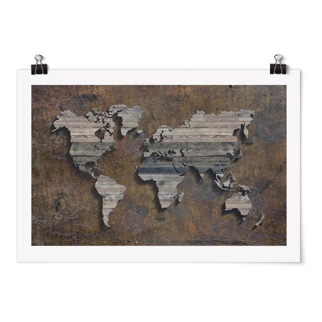 Poster - Mappa del mondo di legno Griglia - Orizzontale 2:3
