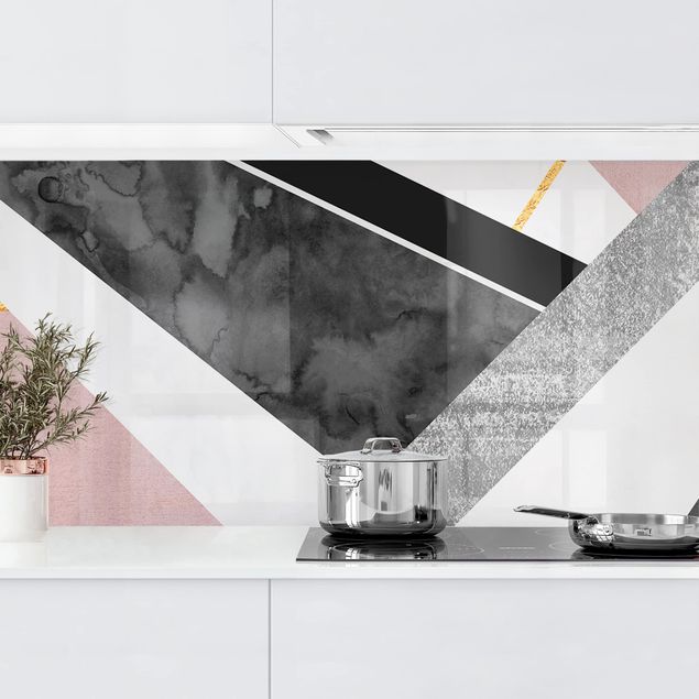 Rivestimenti cucina pannello Geometria in bianco e nero con oro