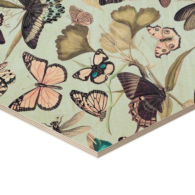 Esagono in legno - Vintage Collage - farfalle e libellule