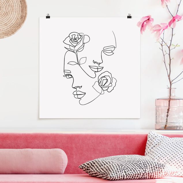 Poster - Line Art Faces donne Roses Bianco e nero - Quadrato 1:1
