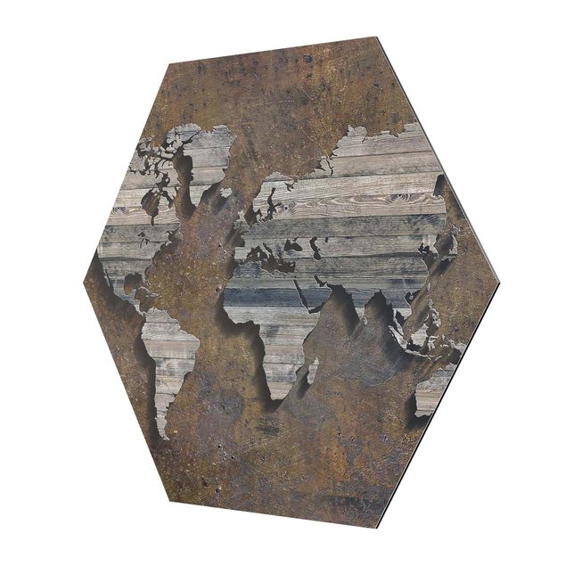 Esagono in Alluminio Dibond - Mappa del mondo di legno Griglia