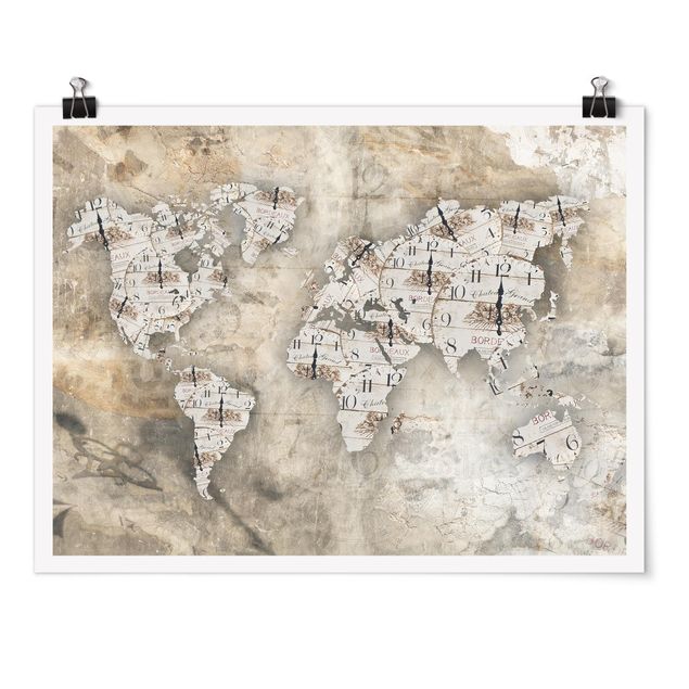 Poster - Shabby Orologi Mappa del mondo - Orizzontale 3:4