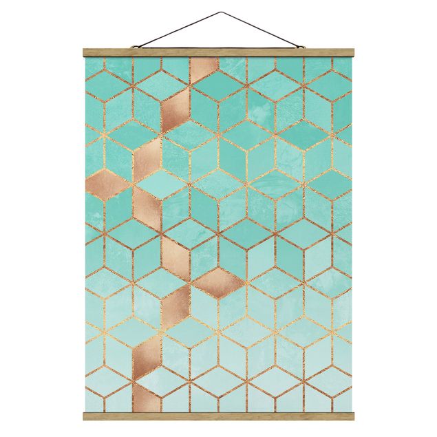 Foto su tessuto da parete con bastone - Elisabeth Fredriksson - Turchese Bianco d'oro Geometria - Verticale 4:3
