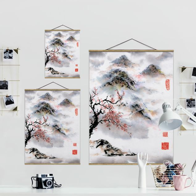 Foto su tessuto da parete con bastone - Giapponese disegno ad acquerello Ciliegio E Montagne - Verticale 4:3