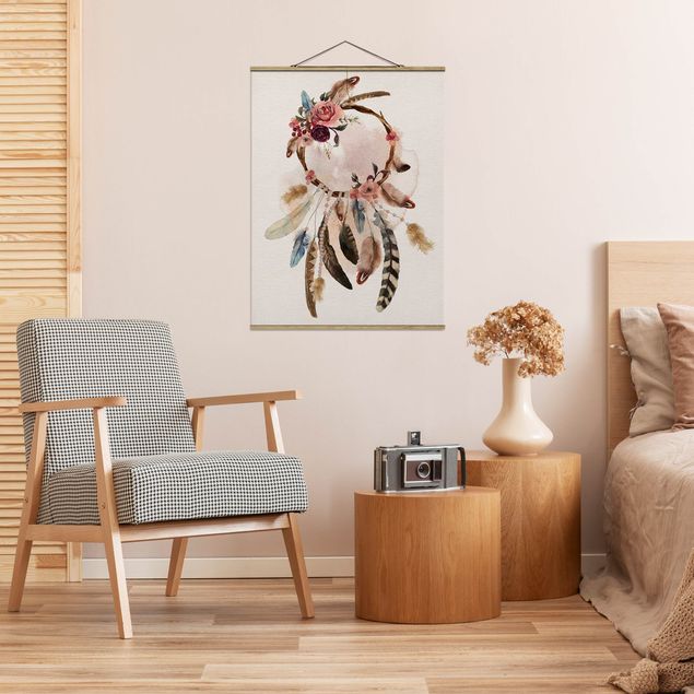 Foto su tessuto da parete con bastone - Dreamcatcher con rose e piume - Verticale 4:3