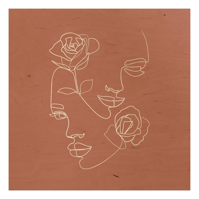 Stampa su legno - Line Art Faces donne Roses rame - Quadrato 1:1
