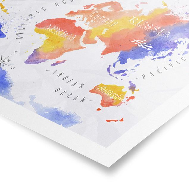 Poster - Mappa del mondo Acquerello Rosso Verde Viola - Orizzontale 2:3