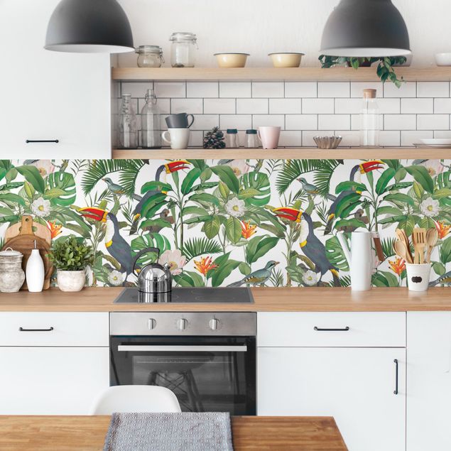 rivestimento cucina moderna Tucano tropicale con monstera e foglie di palma