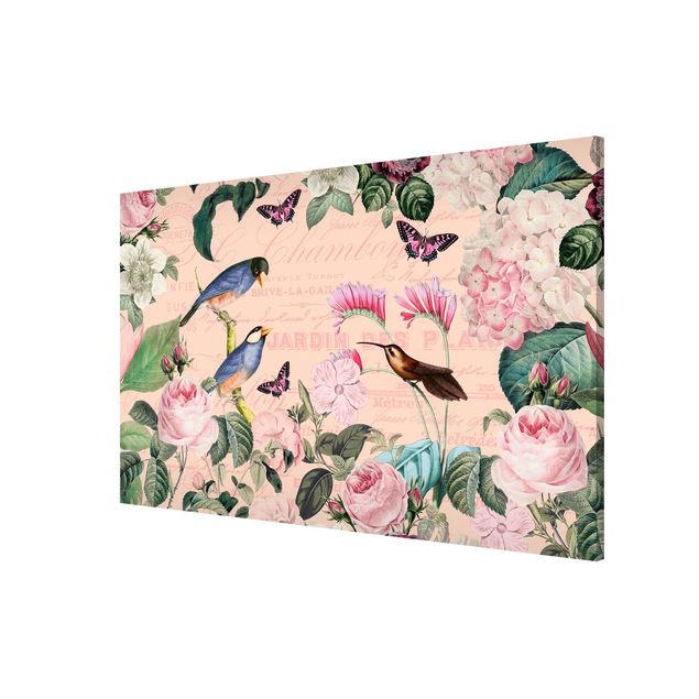 Lavagna magnetica - Vintage Collage - rose e uccelli - Formato orizzontale 3:2