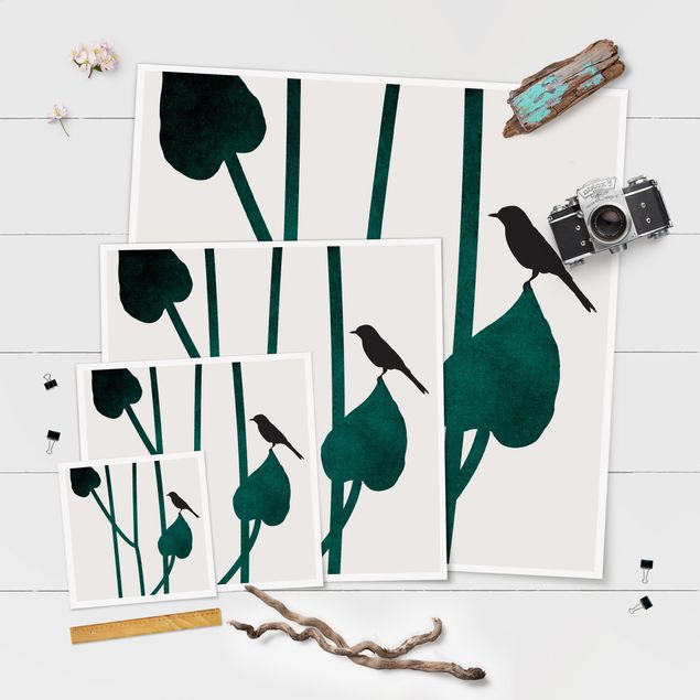 Poster - Mondo vegetale grafico - Uccellino su una foglia - Quadrato 1:1