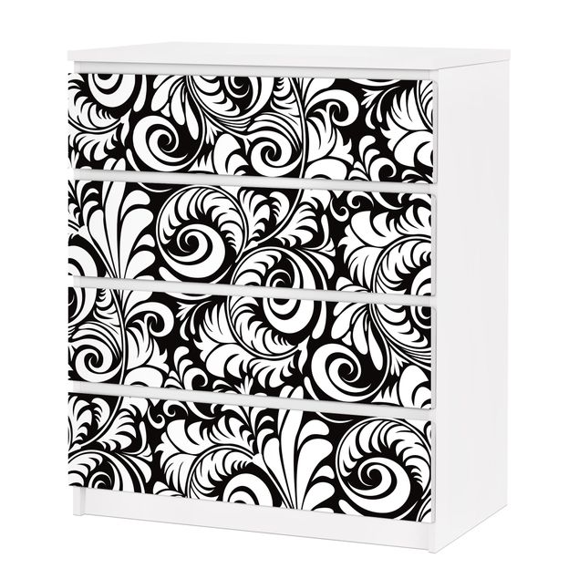 Carta adesiva per mobili IKEA - Malm Cassettiera 4xCassetti - Black and White Leaves Pattern