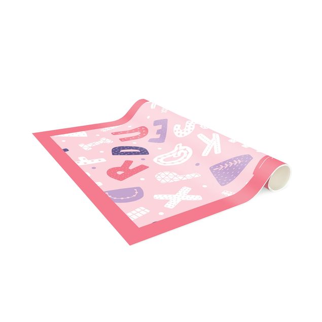Tappeto rosa cameretta Alfabeto con cuori e puntini in rosa chiaro con cornice