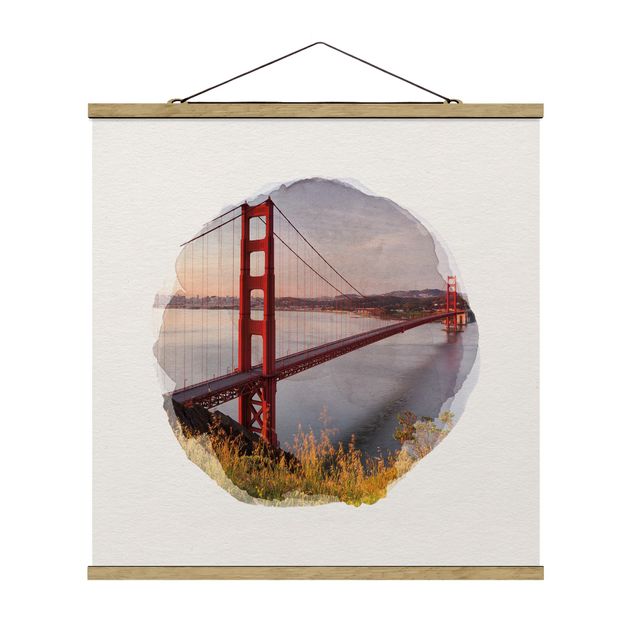 Quadro su tessuto con stecche per poster - Acquerelli - Golden Gate Bridge di San Francisco - Quadrato 1:1