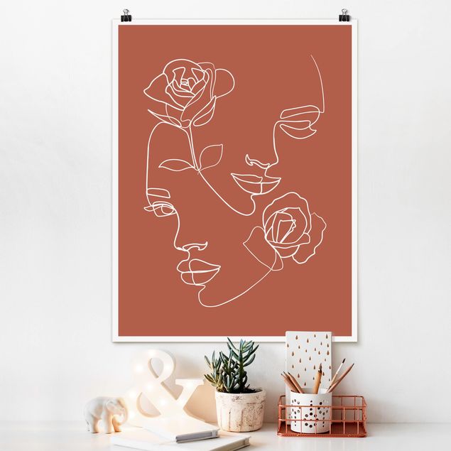 Poster - Line Art Faces donne Roses rame - Verticale 4:3