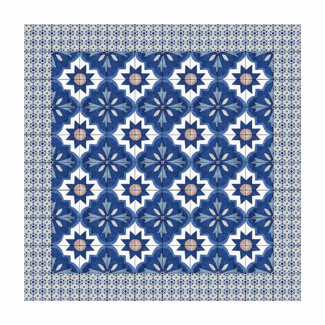 Tappeto bagno blu Piastrelle marocchine acquerello blu con cornice di piastrelle