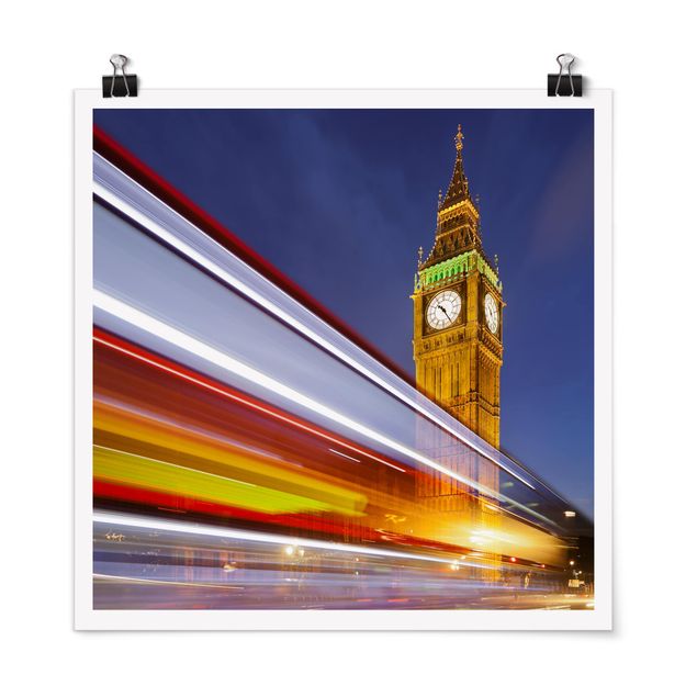 Poster - Il traffico a Londra il Big Ben di notte - Quadrato 1:1