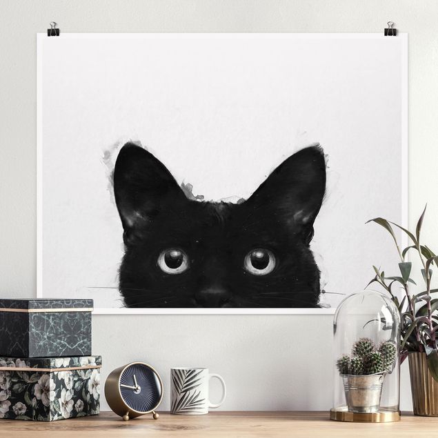 Poster - Illustrazione pittura Gatto nero su bianco - Orizzontale 3:4