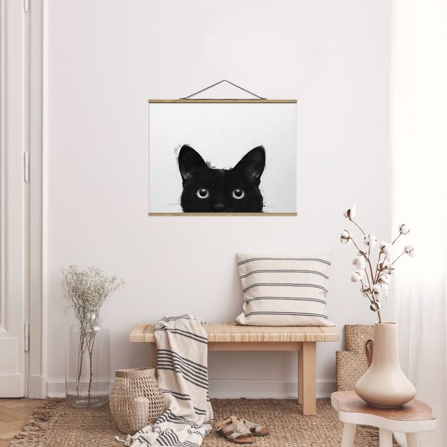 Foto su tessuto da parete con bastone - Laura Graves - Illustrazione pittura Gatto nero su bianco - Orizzontale 3:4