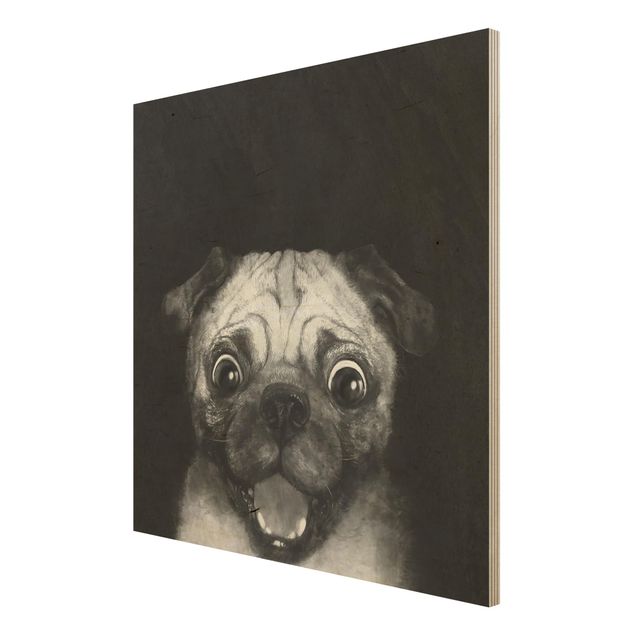 Stampa su legno - Illustrazione Pug Dog Pittura Su Bianco e nero - Quadrato 1:1
