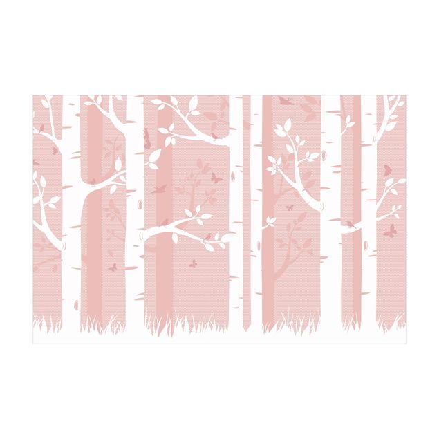 Tappeto rosa cameretta Bosco di betulle rosa con farfalle e uccelli