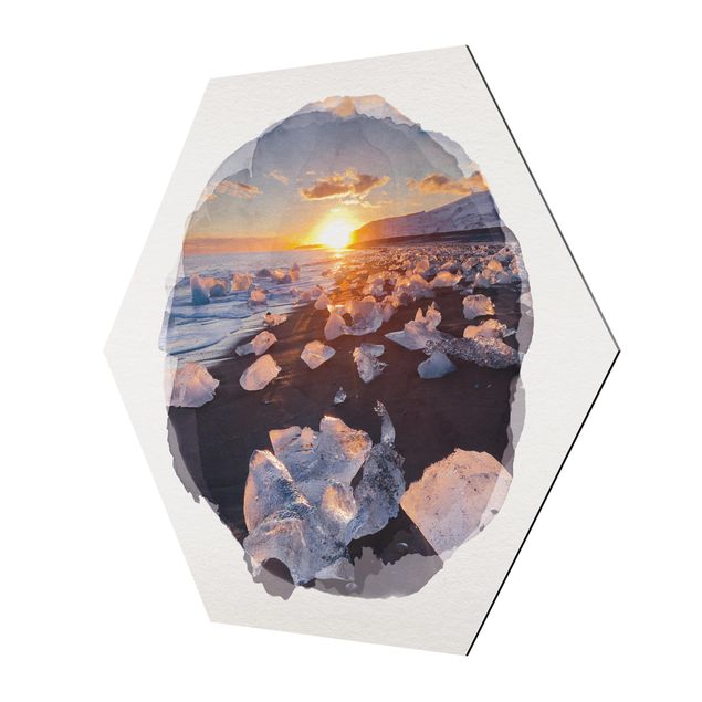 Esagono in Alluminio Dibond - Acquerelli - pezzi di ghiaccio sulla spiaggia Islanda