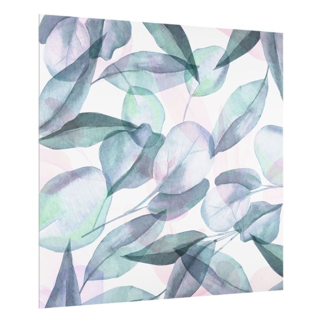 Paraschizzi in vetro - Foglie di eucalipto in acquerello blu e rosate - Quadrato 1:1
