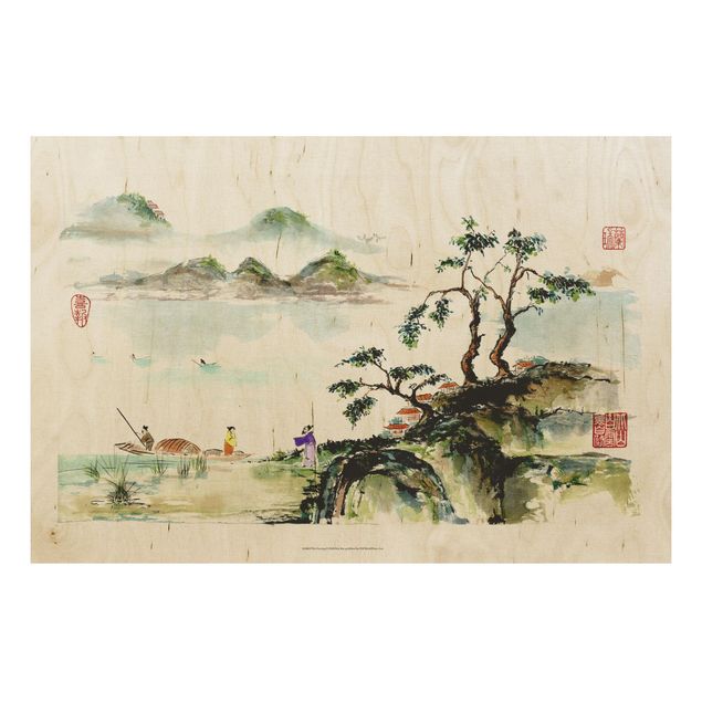 Stampa su legno - Giapponese Acquerello Lago Disegno E Montagne - Orizzontale 2:3