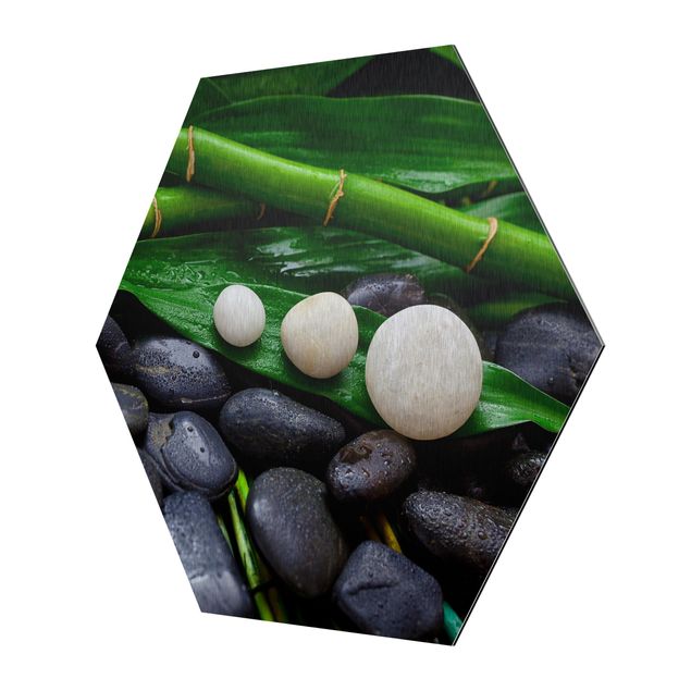 Esagono in Alluminio Dibond - Verde bambù con Pietre Zen