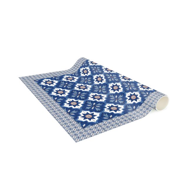 Tappeti effetto piastrelle Piastrelle marocchine acquerello blu con cornice di piastrelle