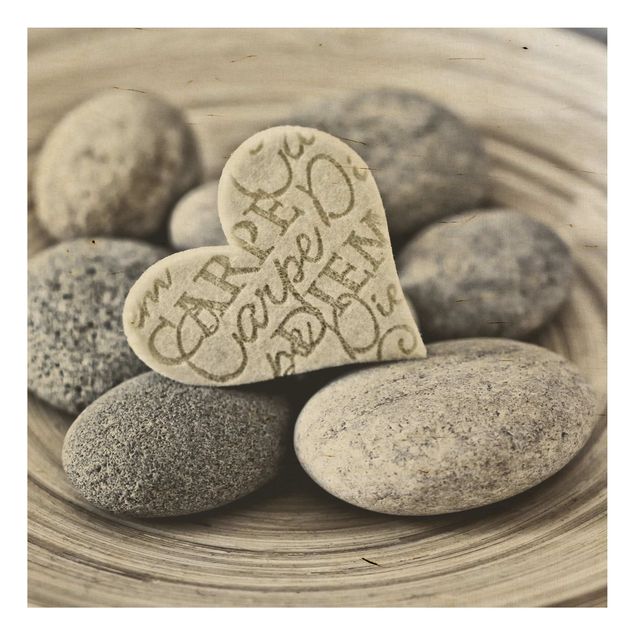 Stampa su legno - Carpe Diem di cuore con pietre - Quadrato 1:1