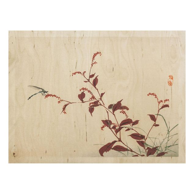 Stampa su legno - Asian Vintage Disegno Red Branch con libellula - Orizzontale 3:4