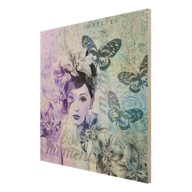Stampa su legno - Shabby Chic Collage - Ritratto Con Le Farfalle - Quadrato 1:1