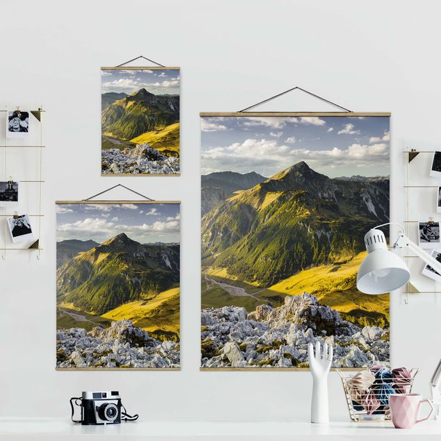 Foto su tessuto da parete con bastone - Montagne e valle delle Alpi Lechtal in Tirolo - Verticale 4:3