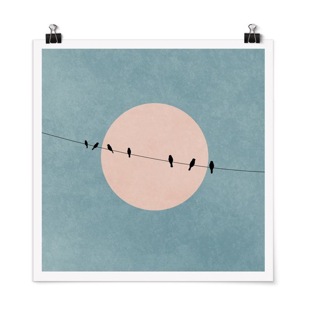 Poster - Uccelli davanti a sole rosa I - Quadrato 1:1