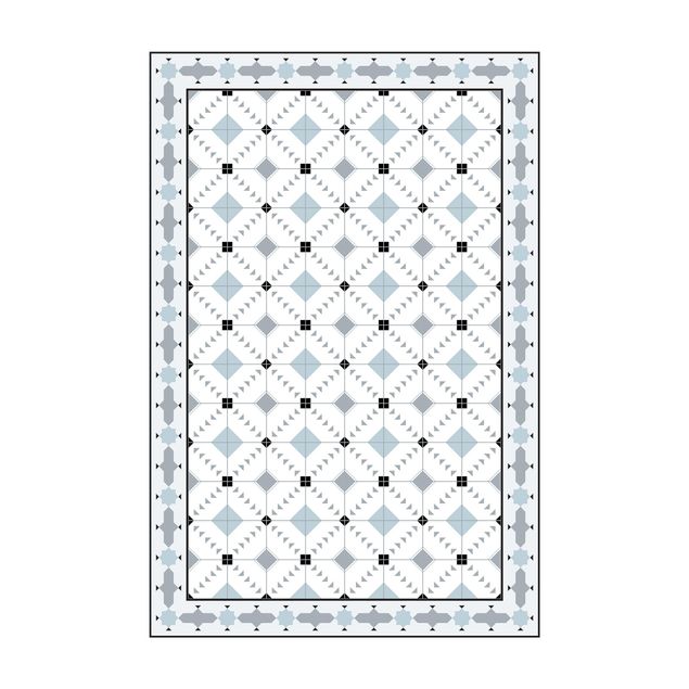 Tappeto salotto moderno grigio Piastrelle geometriche Ikat blu con bordo