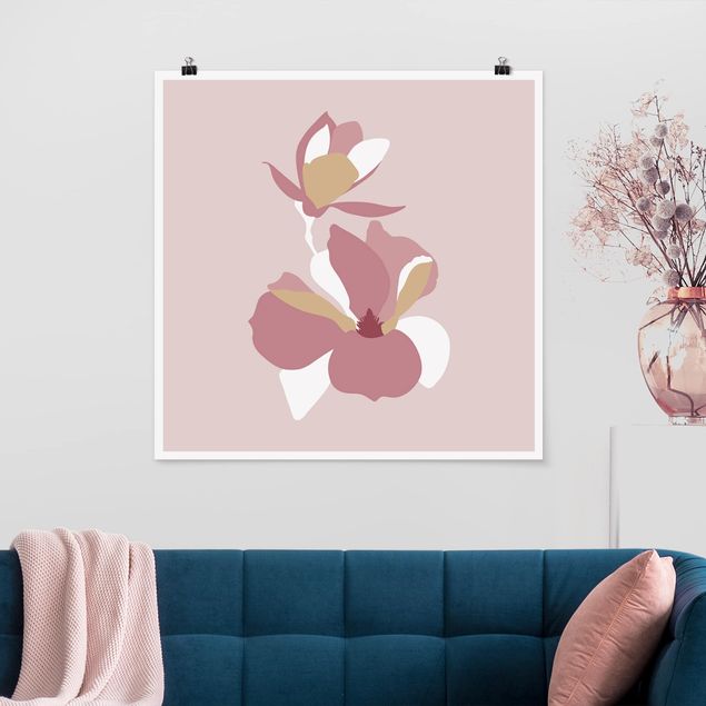 Poster - Line Art Fiori rosa pastello - Quadrato 1:1