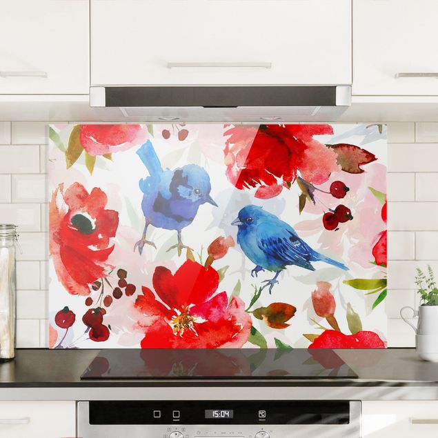 paraschizzi cucina vetro magnetico Uccelli ad acquerello in blu e rosa