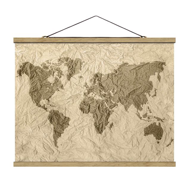 Foto su tessuto da parete con bastone - Paper World Map Beige Marrone - Orizzontale 3:4
