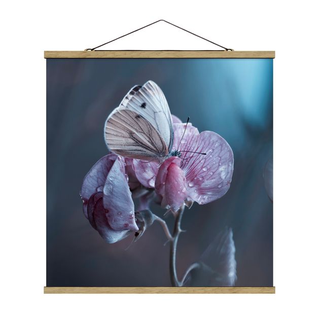 Quadro su tessuto con stecche per poster - Farfalla In The Rain - Quadrato 1:1